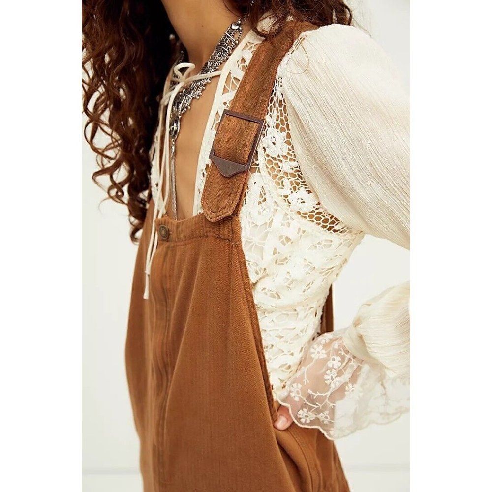 NWT FREE PEOPLE Sz M HUNTER DENIM OVERALLS IN KHAKI OVERDYE - Picture 4 of 4